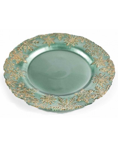 Set of 2 Christmas Decorated Glass Serving Plates - Green and Gold Color -