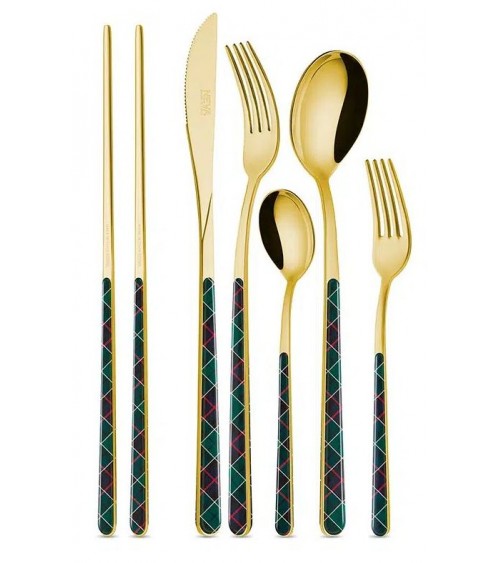 36-teiliges Asia-Besteckset mit weihnachtlichem Schottenkaro - Neva Posateria Creativa -
