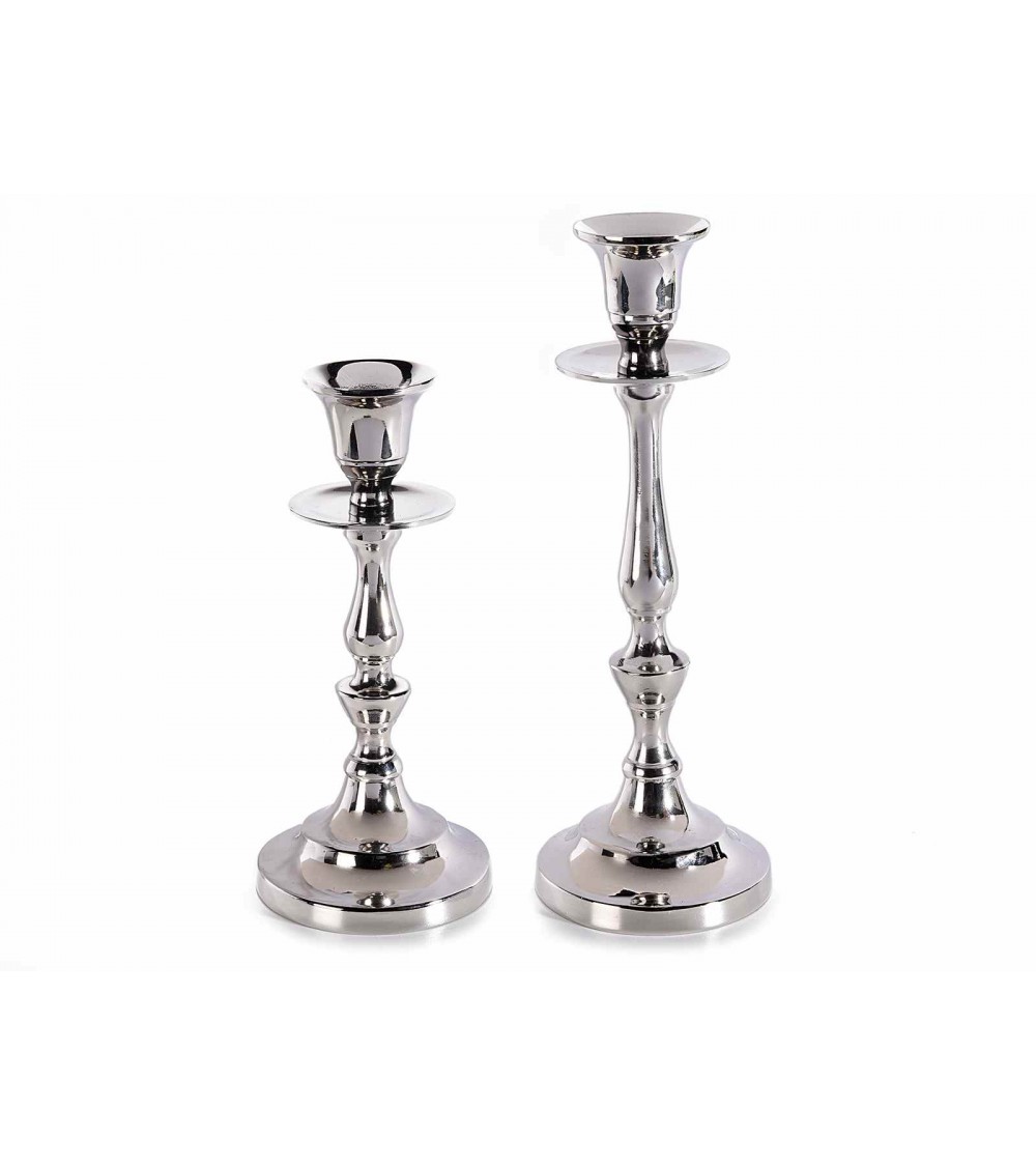 Set of 2 Shiny Silver Metal Candlesticks -