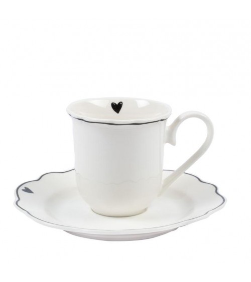 Set mit 16 Espressotassen mit gewelltem Rand und schwarzer Herzdekoration -
