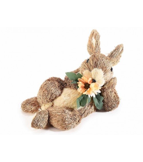 Easter decoration: natural fiber rabbit lying with flower -
