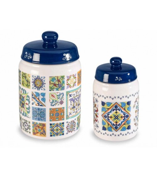 Set 2 Barattoli Alimentari da Cucina in Ceramica Decori Maiolica - 