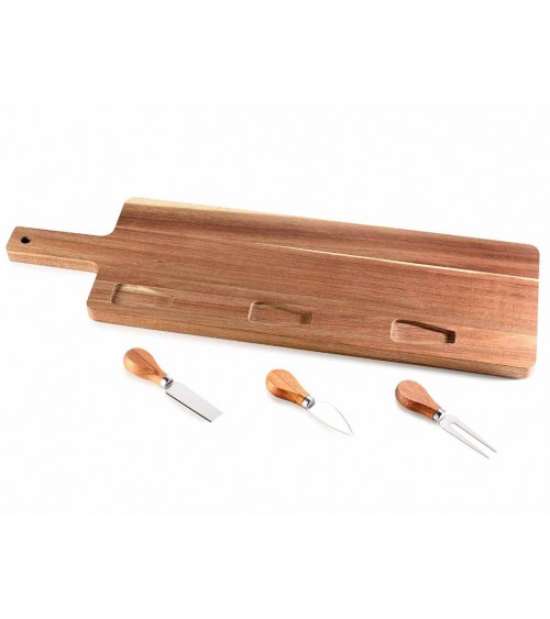 Set of 4 pcs of acacia wood cutting board with 3 cutlery -