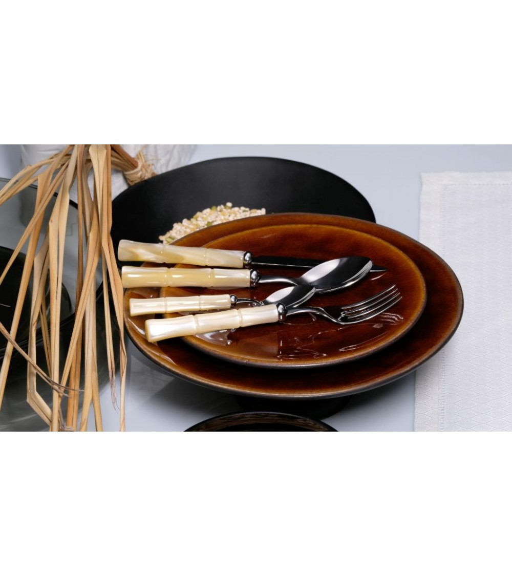 Rivadossi Sandro Bamboo - Set 24 Pz Posate in Acciaio Inox Manico Madreperla - avorio