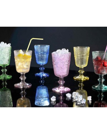 Set 6 Bicchieri a Calice Colorati in Vetro Lavorato, Colori Misti – 300 ml - 