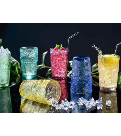 Set 6 Bicchieri Acqua Colorati in Vetro Lavorato, Colori Misti – 350 ml - 