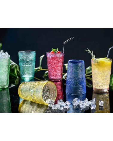 Set 6 colored water glasses in worked glass, mixed colors - 350 ml -