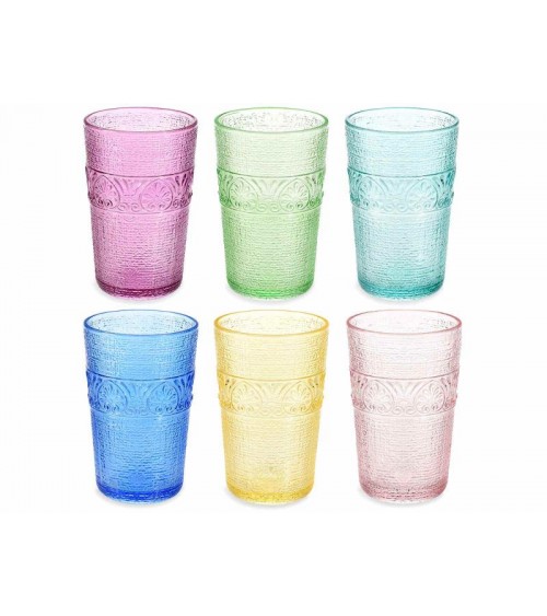 Set 6 farbige Wassergläser in bearbeitetem Glas, gemischte Farben - 350 ml -