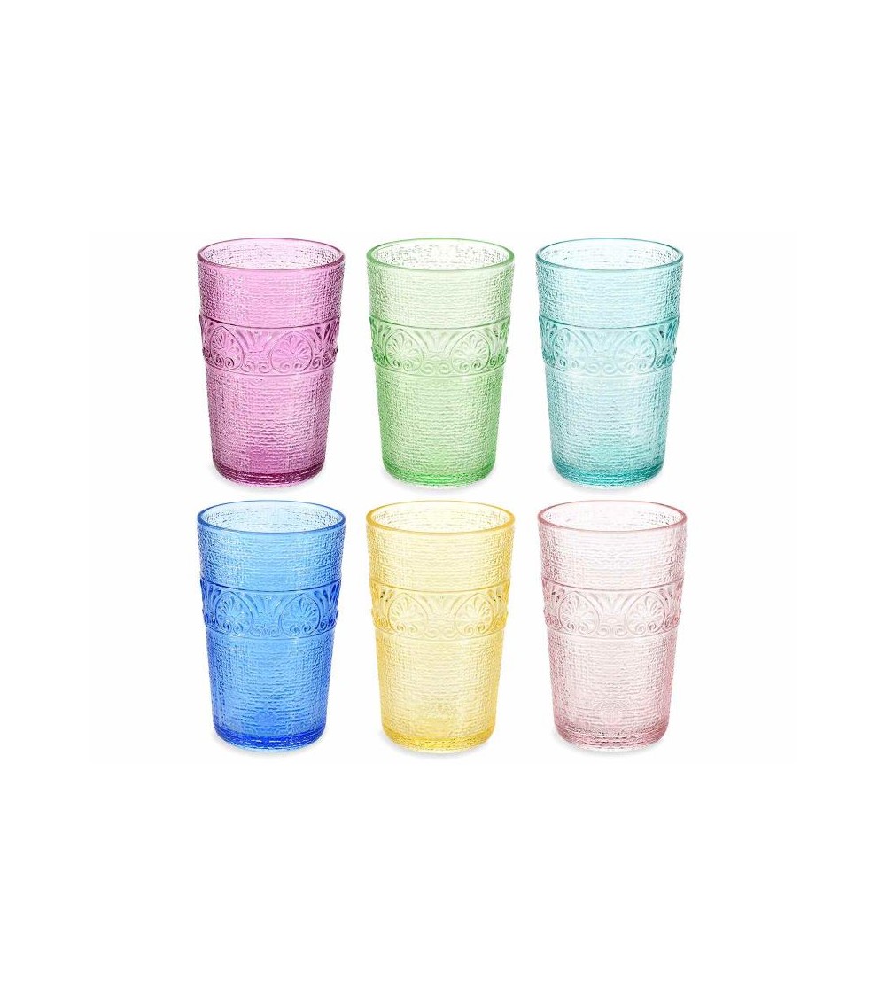 Set 6 colored water glasses in worked glass, mixed colors - 350 ml -
