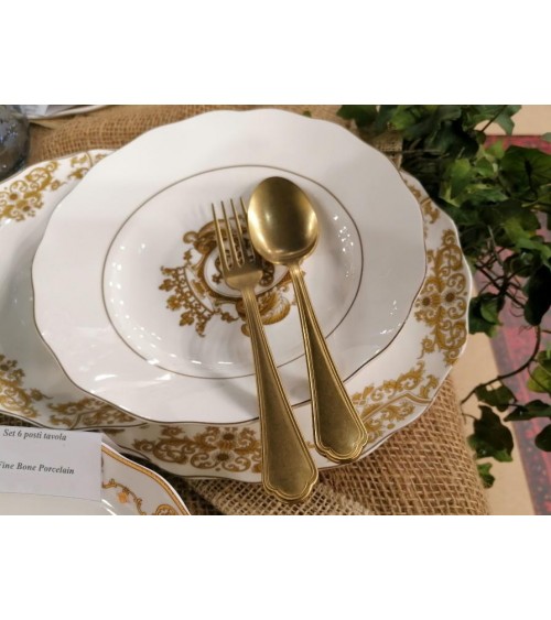 Service de vaisselle 18 PCS Porcelaine blanche avec décoration dorée - 