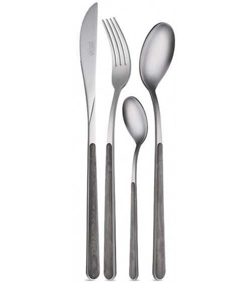 24 件套亚洲木质纹理 Neva 餐具 - 喷砂钢木效果手柄 - 意大利制造 -