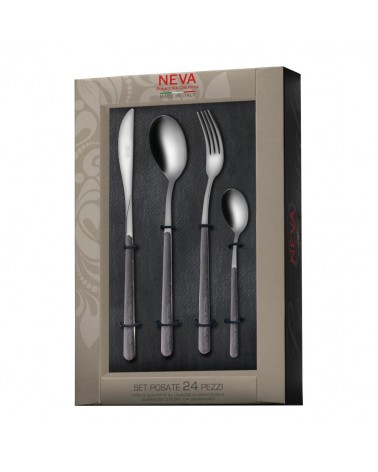 24 件套亚洲木质纹理 Neva 餐具 - 喷砂钢木效果手柄 - 意大利制造 -