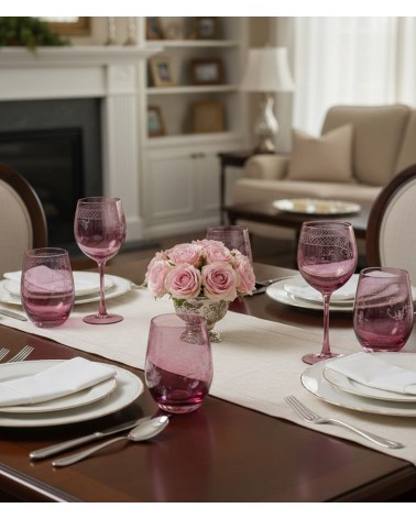 6 件套带雕刻的勃艮第红色玻璃高脚杯 |意大利制造 -