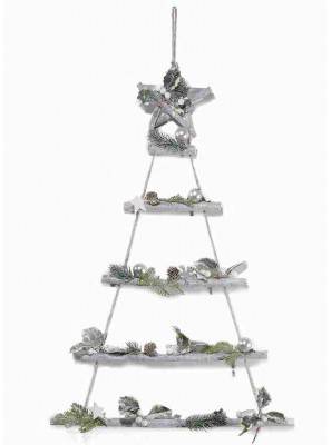 Sapin de Noël en bois à suspendre avec Etoile et décorations enneigées - 