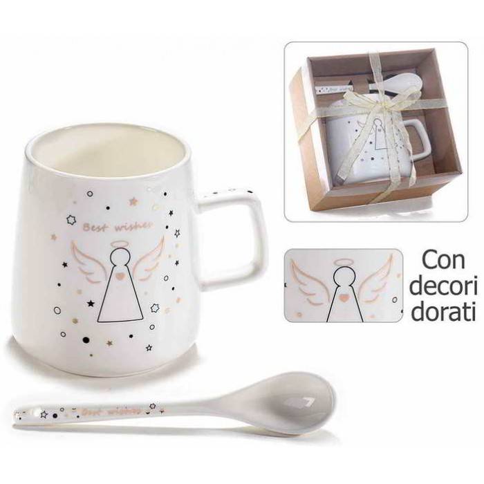 Tasses avec cuillère à thé en porcelaine - ange design et décorations dorées - 2 pièces