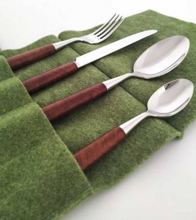 Luxury Cutlery -  Kadir Walnut Burl Handle - 4 Piece Set - Table Setting with Cutlery Holder - 