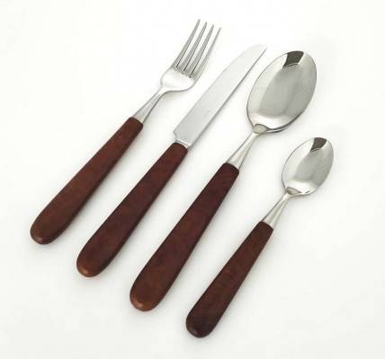 Luxury Cutlery - Kadir Walnut Briar Handle - Set of 4 Pieces - Table Setting with Cutlery Holder -  - 8004746470105