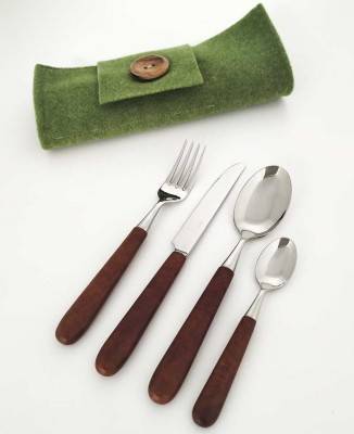 Luxury Cutlery - Kadir Walnut Briar Handle - Set of 4 Pieces - Table Setting with Cutlery Holder -  - 