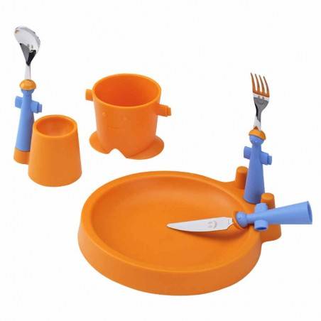Club Set 6Pz Children's Meal - Plate, Glass, Egg Cup and 3 Cutlery - Rivadossi Sandro - orange