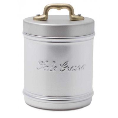 Récipient/pot en aluminium avec écriture "Sale Grosso" - Couvercle et poignée en laiton - Style rétro - 