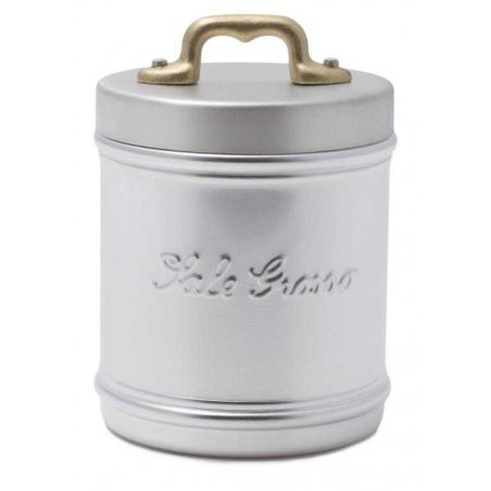 Récipient/pot en aluminium avec écriture "Sale Grosso" - Couvercle et poignée en laiton - Style rétro - 