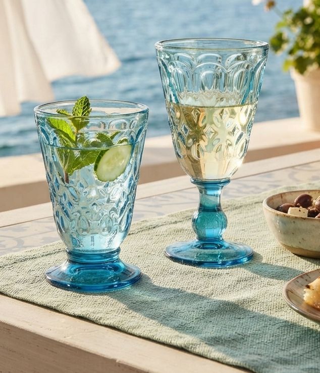La Rochere Lyonnais Glas in Blau – Französisches Design mit Relief-Optik für elegante maritime Tischdekoration