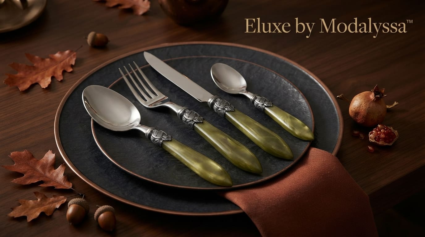Eluxe Luxus Besteckset mit olivgrünem Perlmutt-Effekt von Modalyssa auf einem eleganten herbstlichen Tisch