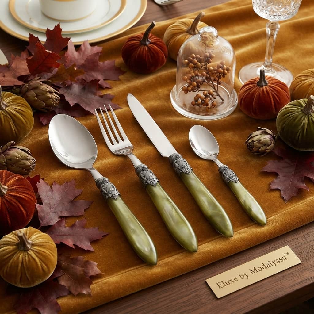 Eluxe by Modalyssa™ Olive Green Luxury Cutlery Set displayed on an elegant autumn table runner with velvet pumpkins and fall leaves