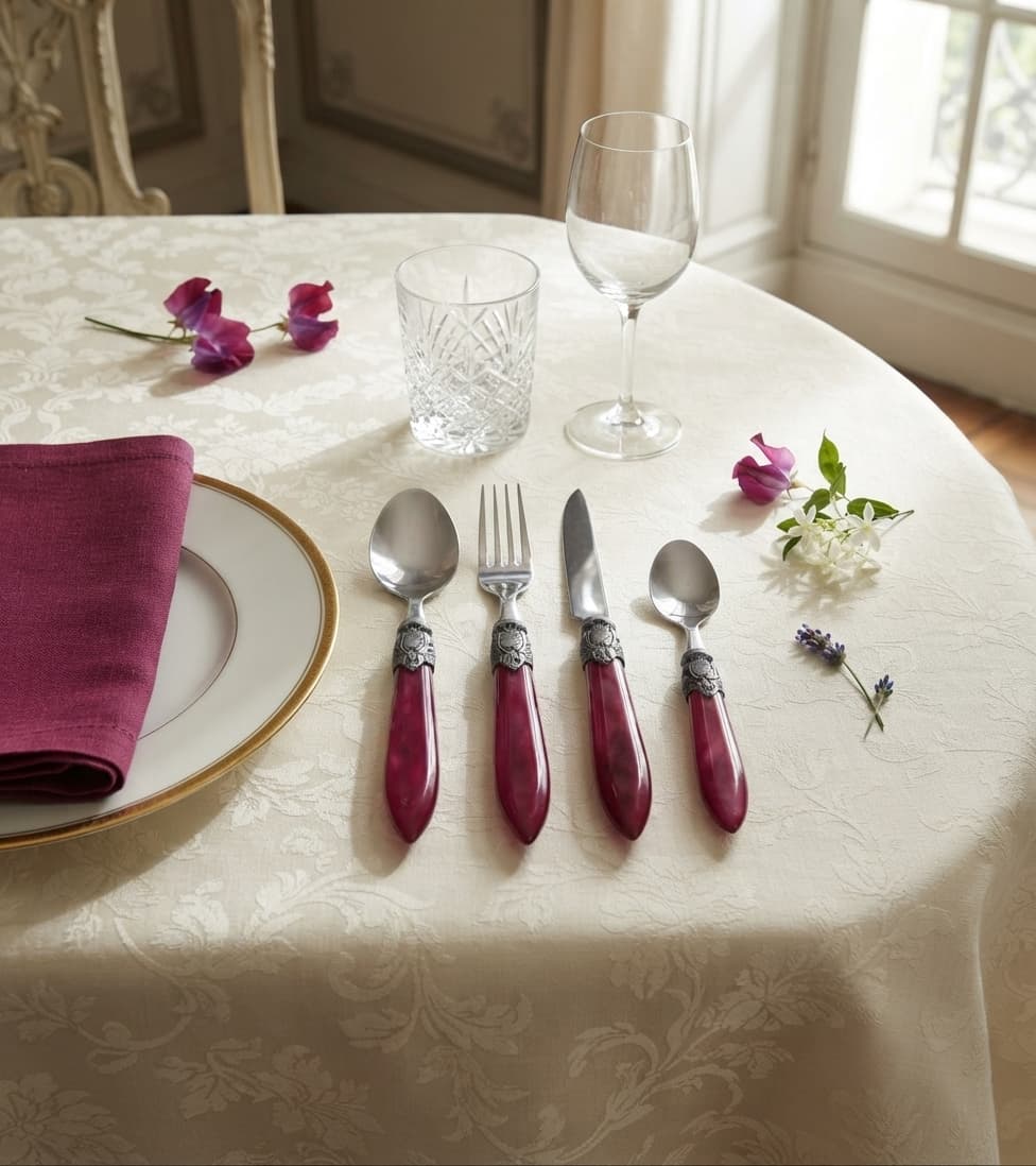 Set posate 4 pezzi Modalyssa Eluxe bordeaux effetto madreperla con ghiera vittoriana composto da cucchiaio, forchetta, coltello e cucchiaino caffè