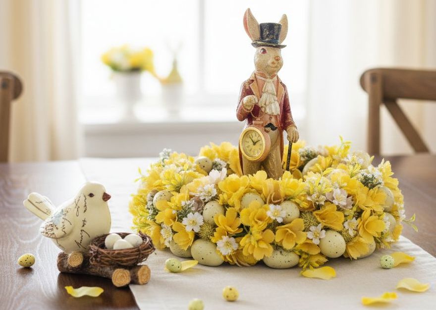 Centrotavola pasquale Modalyssa Store con coniglio stile vintage, uccellino decorativo in resina e ghirlanda di fiori gialli, arredamento casa stile Made in Italy.