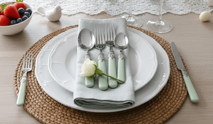 Set di posate moderne color verde salvia poggiate su una tavola apparecchiata
