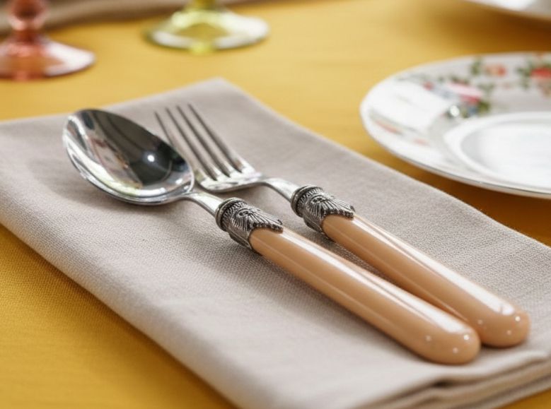 Dettaglio posate Classic colore cappuccino Rivadossi Sandro su tavola apparecchiata per Pasqua, design Made in Italy disponibile su Modalyssa Store